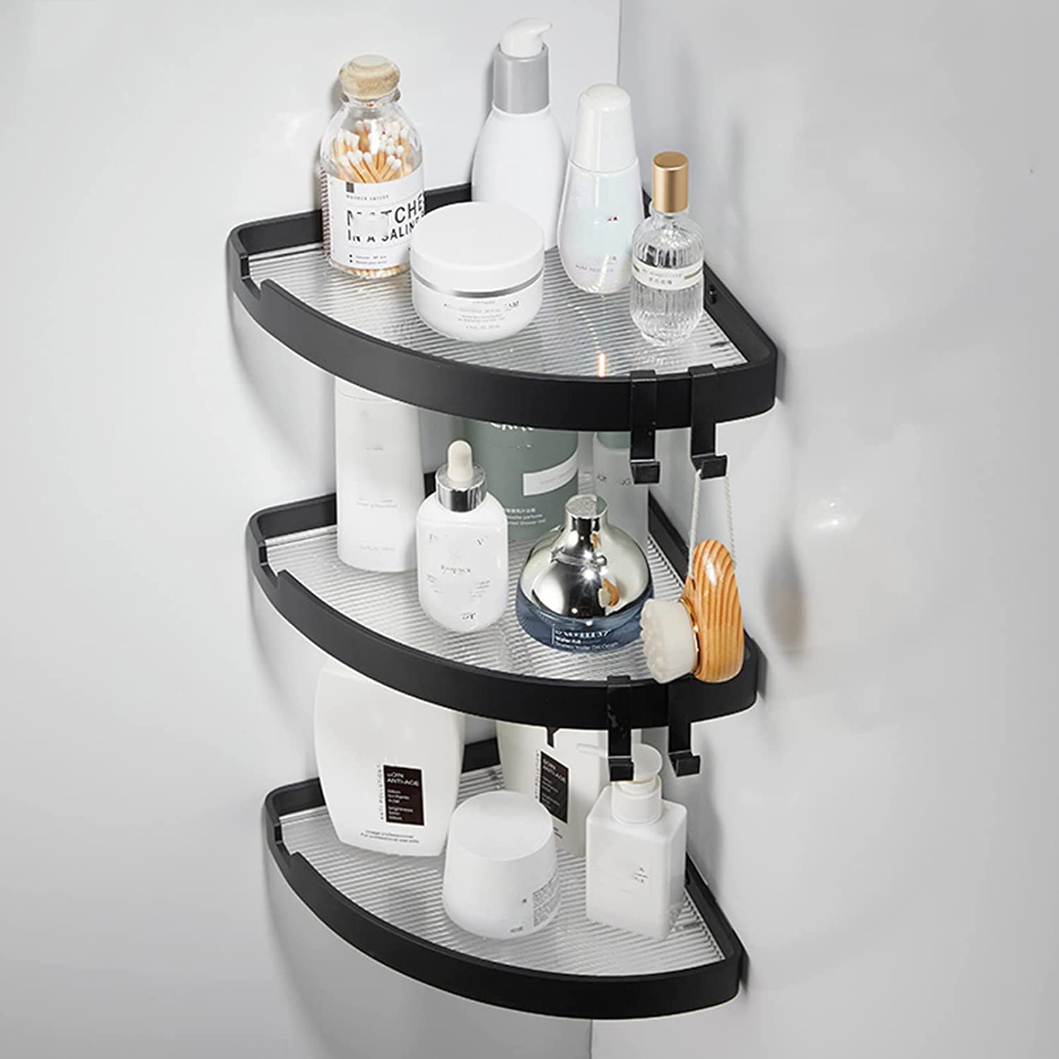 AKAZI Duschregal Eck-Badezimmer-Wandregal Duschregal ohne Bohren mit Haken Selbstklebender Raum Aluminium/Acryl für Toilette Badezimmer, Gold A, 1 Story (Schwarz a 3 Etagen)
