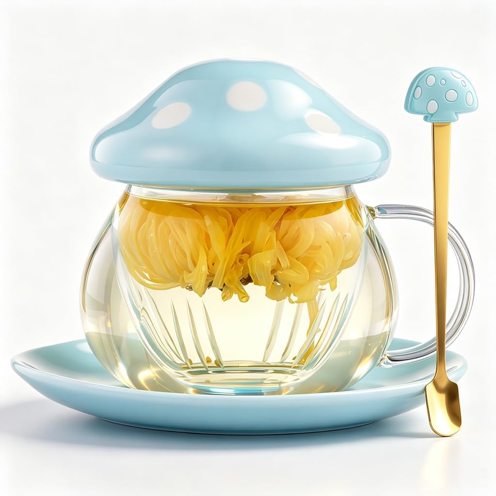 Mushroom Tea Cup Set, Cute Cups Glass Tea Cups with Infuser and Lid, Kawaii Teacup for Loose Leaf Tea Steeper, Coffee Mugs with Saucers, Blooming Tea, Tea Maker Gifts for Women Girls Birthday (Pink)