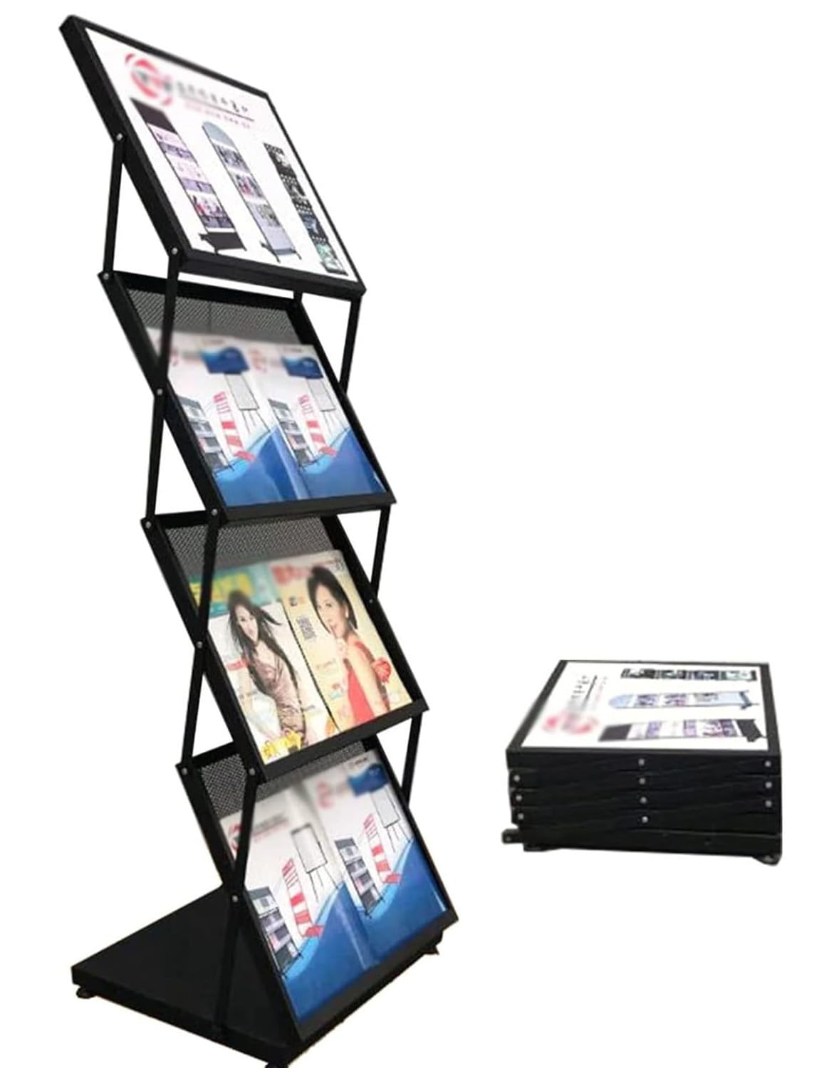 SGREMRWMY Foldable Magazine Rack Brochure Display Stand, 4-Tier Large Capacity Metal Catalog Literature Rack, for Office Retail Store Exhibition