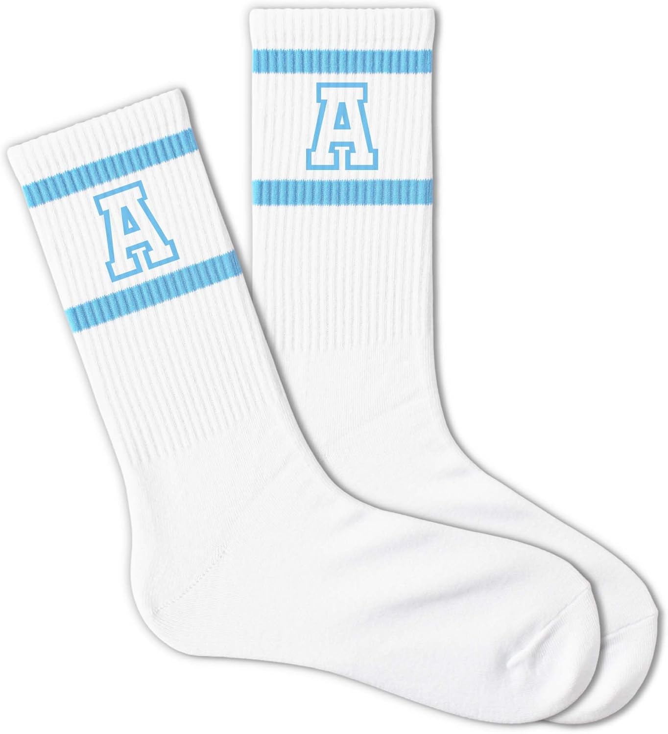 Light Blue and White Striped Crew Socks with the Letter， Classic Varsity Sports Style Monogram Socks - Image 3