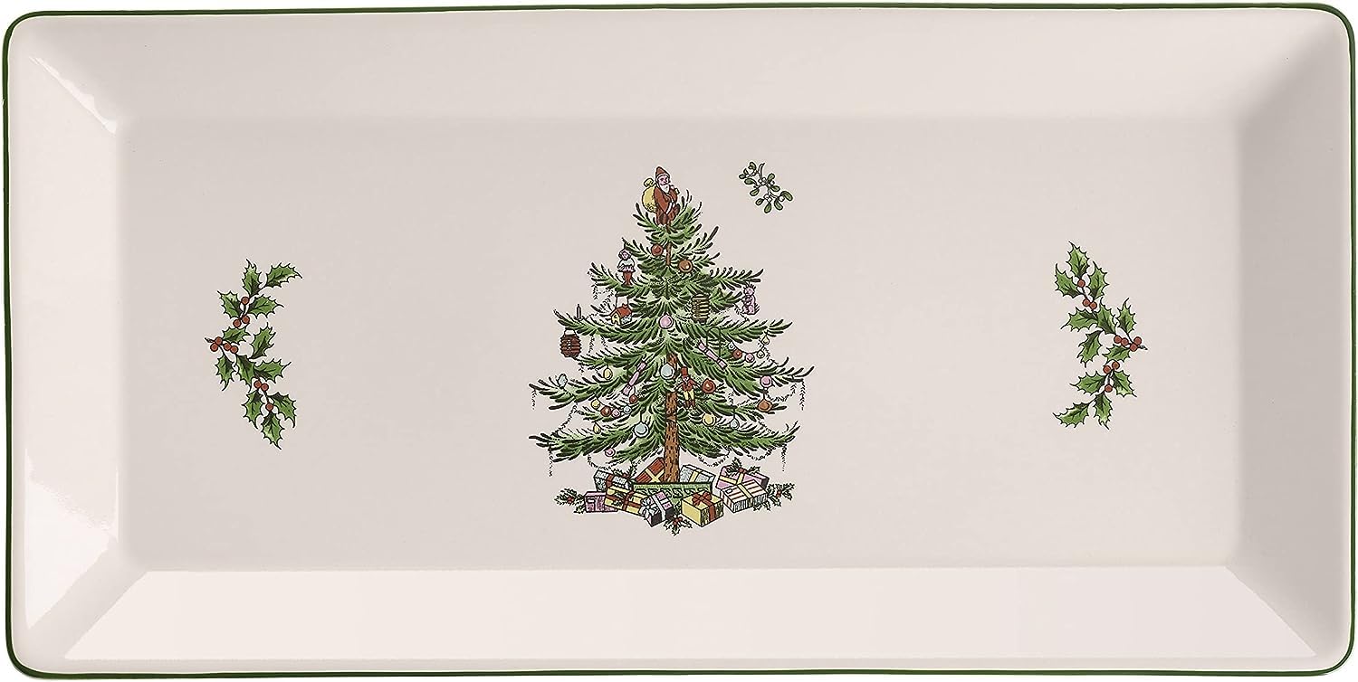 Christmas Tree 14-Inch Rectangular Sandwich Tray, Porcelain Serving Platter for Tea Sandwiches, Desserts, Appetizers - Holiday Tableware with Festive Charm, Dishwasher, Microwave, Freezer Safe