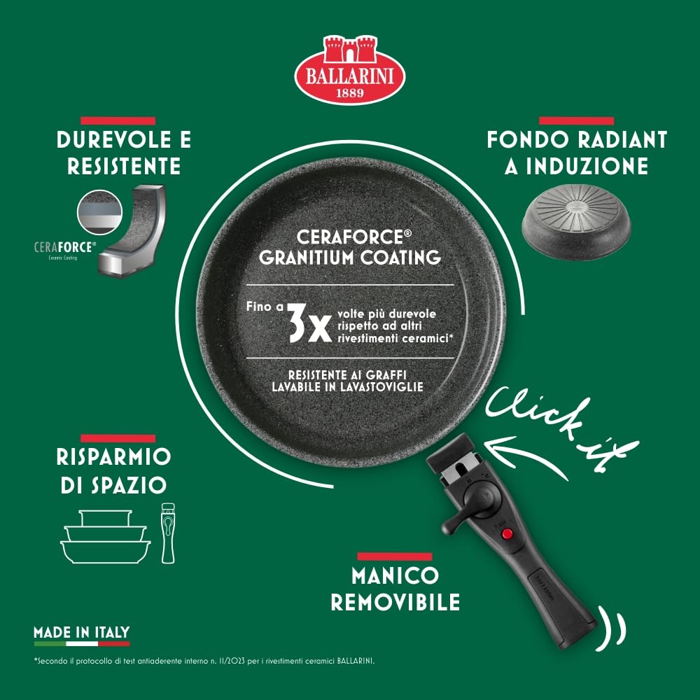 Ballarini Torre set di padelle antiaderenti e casseruola, + Casseruola 16 cm, adatte all'induzione, manico removibile, alluminio, 24 + 28 cm