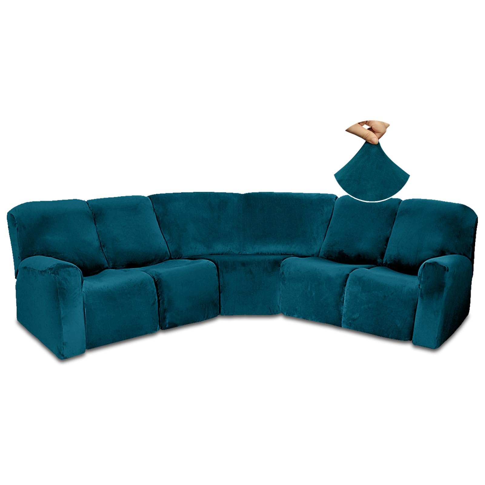 JUNLEBUYI 7-Piece L Shape Sectional Recliner Sofa Covers 4 Seater & 1 Corner Seat,Velvet Stretch Reclining Couch Cover Slipcover for Reclining L Shape 5 Seat Recliner Corner Sofa (Deep Teal)
