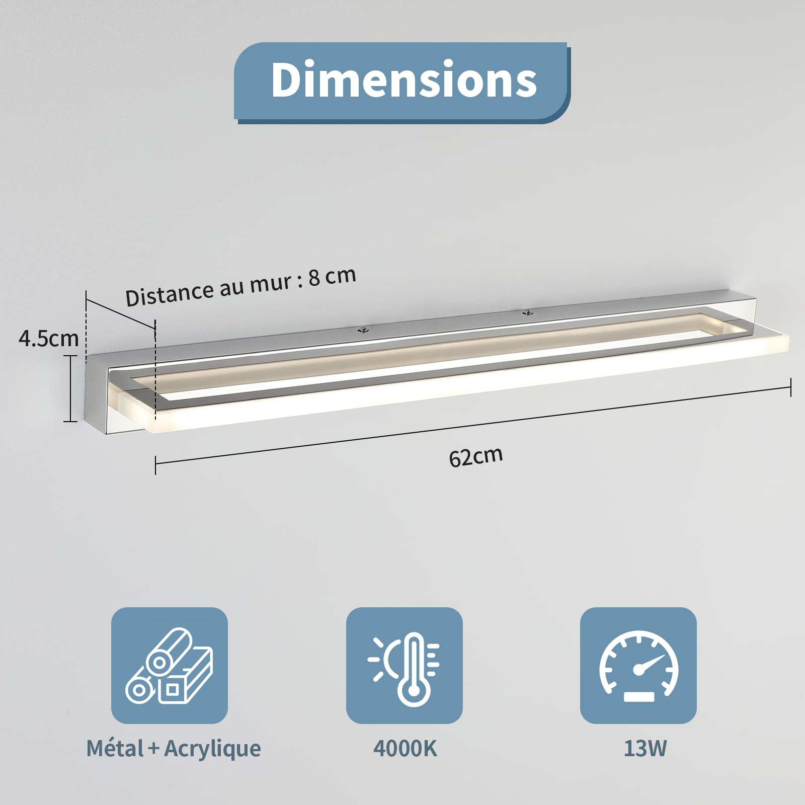 Lampe Miroir Salle de Bain LED 62cm, Applique Salle de Bain Miroir 13W 4000K, Éclairage de Vanité IP44 Étanche