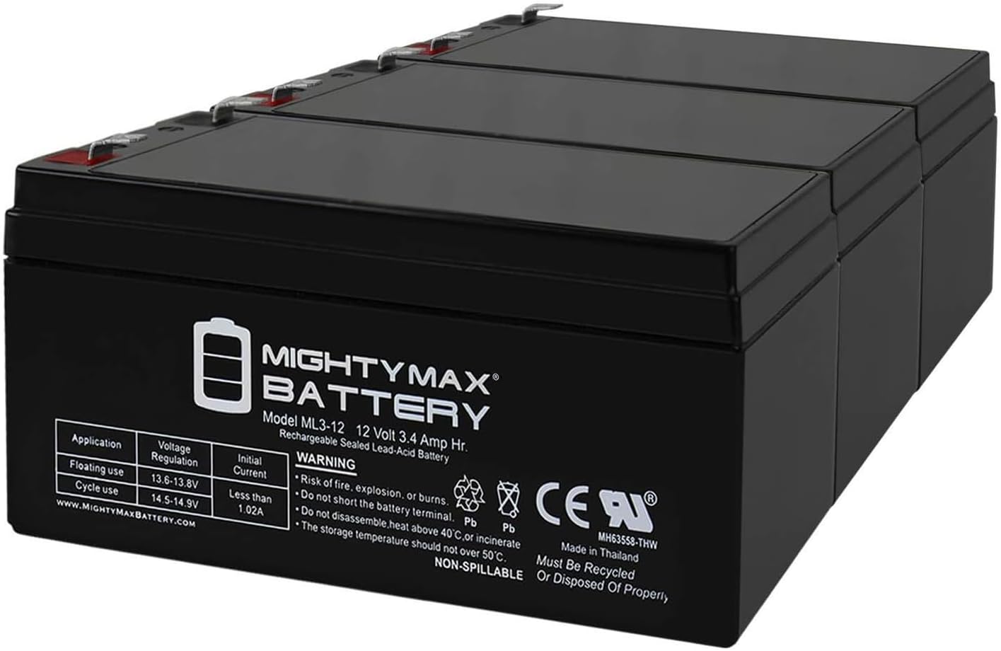 Mighty Max Battery ML3-12 12 Volt 3.4 Ah SLA Battery - 3 Pack