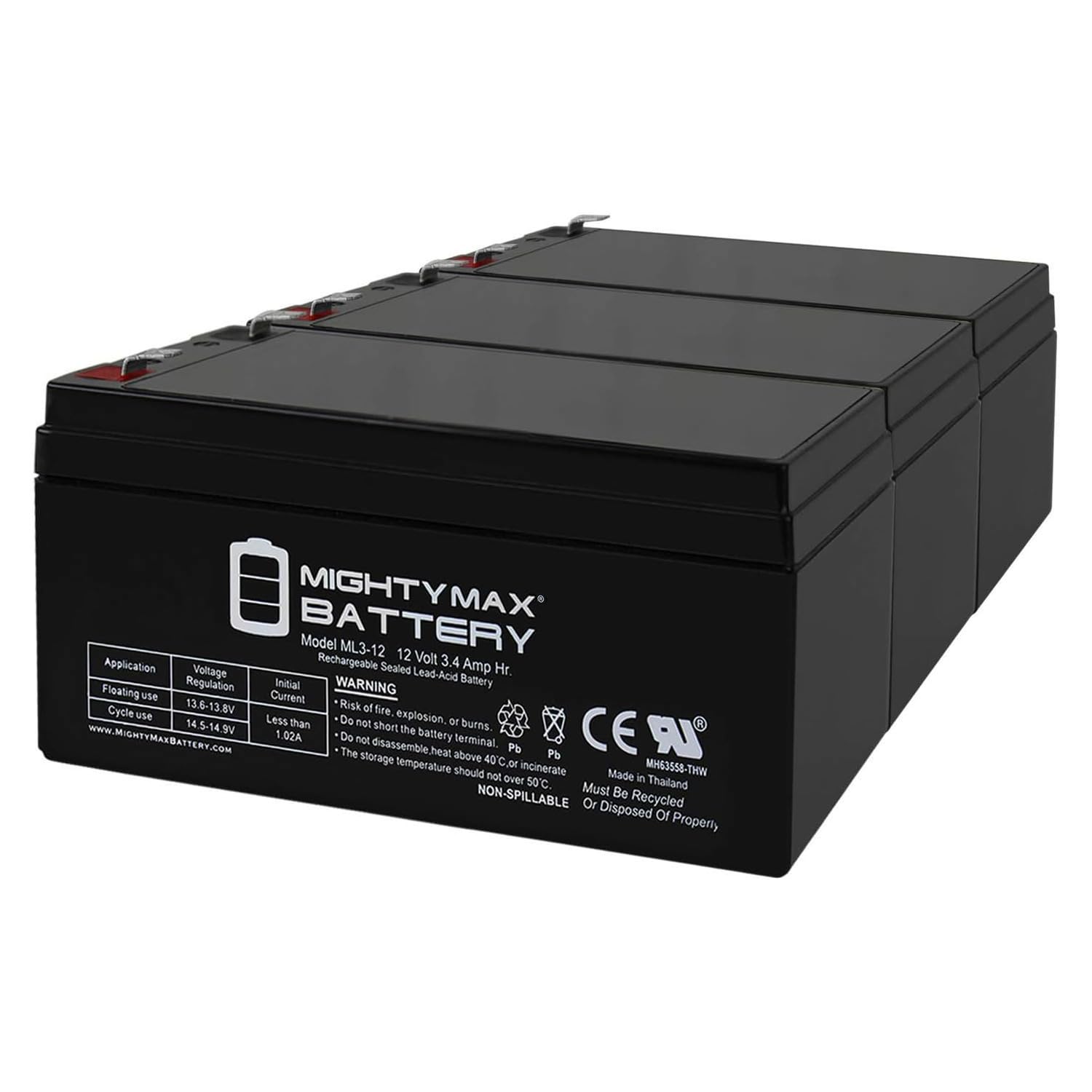 Mighty Max Battery ML3-12 - 12V 3AH SLA Replacement for Power-Sonic PS-1230 12V 3.4AH,1-3 Pack