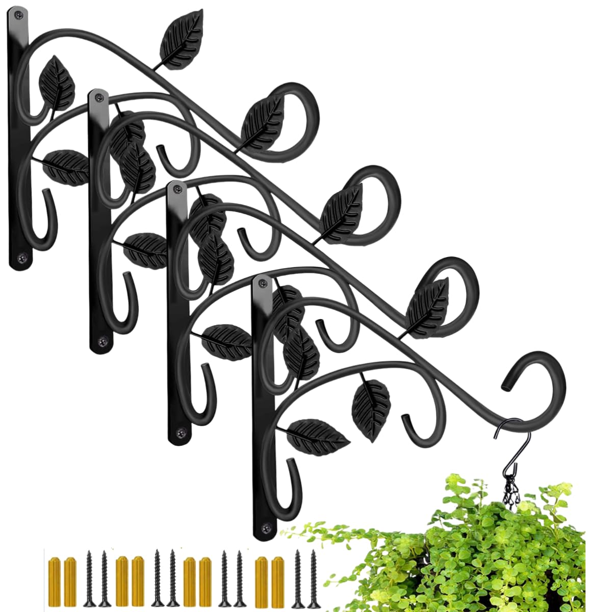 Bnggogo Black Hanging Plant Bracket, 12 Inches Wall Mount, Rust-Resistant Decorative Metal Plant Hanger For Hanging Plant Flower Lantern Bird Feeder Wind Chimes (4 Pcs)