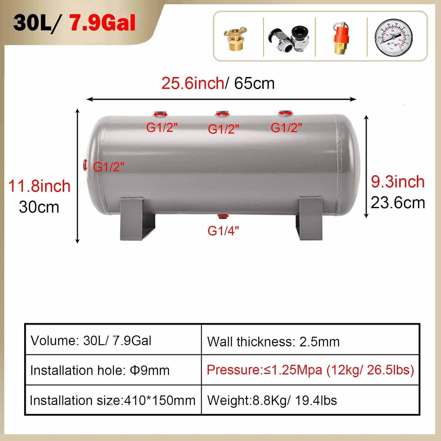 30L Air Compressor Tank - Customizable Vacuum Degassing Chamber Kit with Accessories, Durable 7.9 Gal Carbon Steel Air Tank for Efficient Degassing and Air Compression