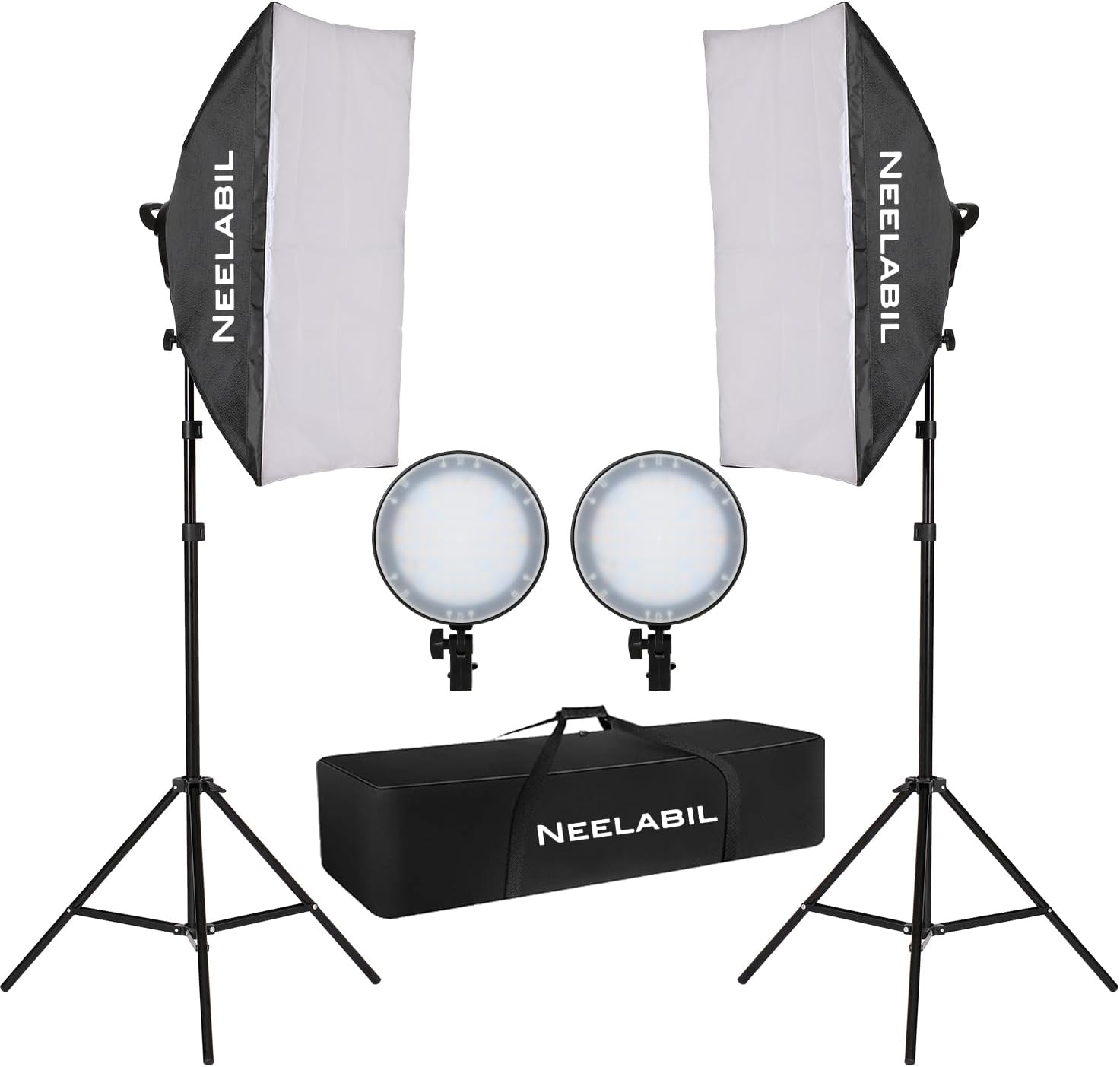 Professinal Continuous Output Lighting,Studio Photography Softbox LED Light Kit Including 50 * 70cm Softboxes 48W Bi-color Temperature 3200K-6400K LED lights 2 Meters Light Stands Carry Bag