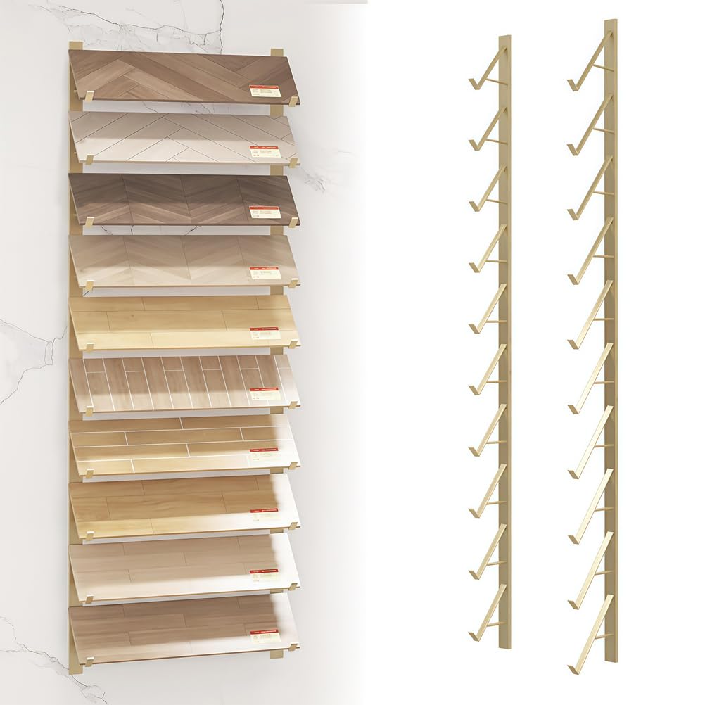 Wall Mounted Ceramic Tile Sample Display Rack, 10 Tier Metal Floor Tile Sample Storage Rack, Floor Tile Display Stand, Wooden Floor Sample Holder, for Exhibition Halls (Gold Card slot 15.5cm)
