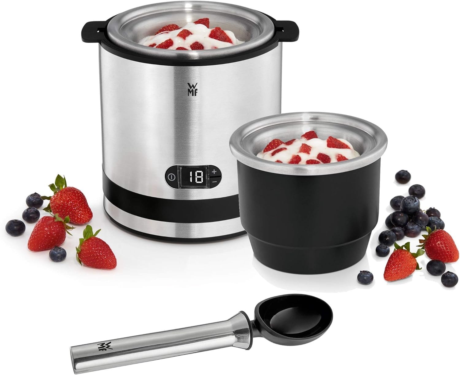 WMF Küchenminis 3in1 Eismaschine, Ice Maker für Frozen Joghurt, Sorbet und Eiscreme, Gefrierbehälter 300 ml & Kult X Mix & Go Mini Smoothie Maker, Standmixer, Blender elektrisch, Shake Mixer 300 Watt