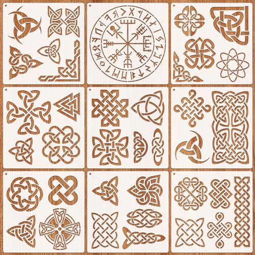 JSRQT 9 Piezas Plantilla de Pintura de Patrones Céltico,Stencil di Pittura Símbolo Vikingo,Reutilizable Runas Stencil,Plantilla para Paredes Lienzo Madera Muebles Suelos Azulejos 7.9 x 7.9”