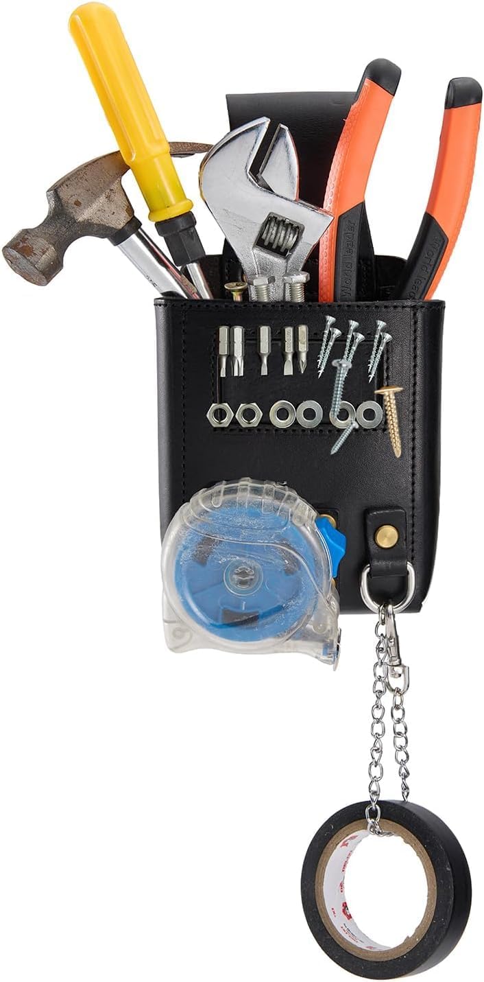 Small Tool Pouch, Genuine Leather Electrician Tool Pouch | 7 Pockets with Metal Tape Chain, Reinforced Rivets, Convenient & Quick Tool Access