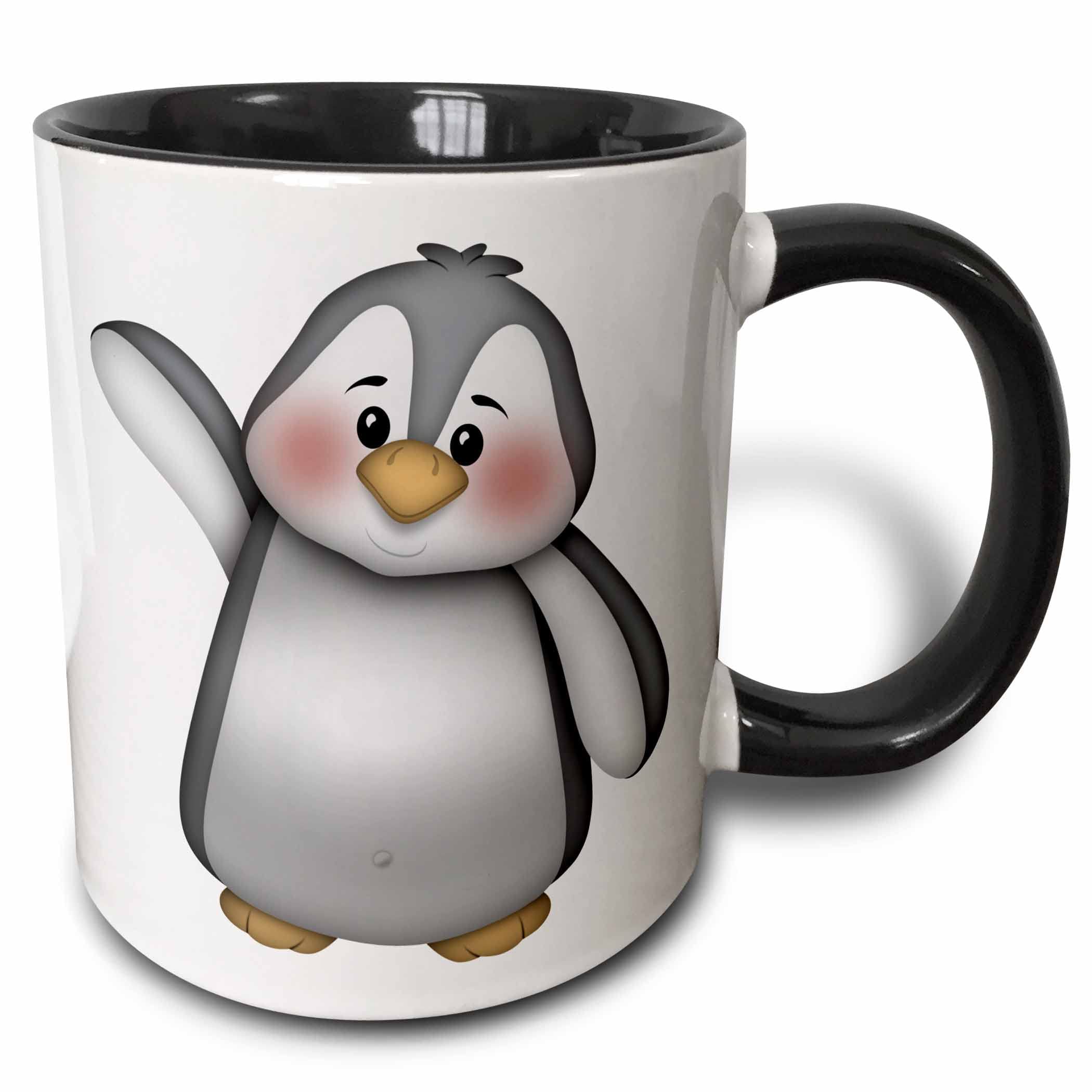 3dRose Cute Waving Gray and White Penguin Illustration - Two Tone Black Mug, 11oz (Mug_217071_4)