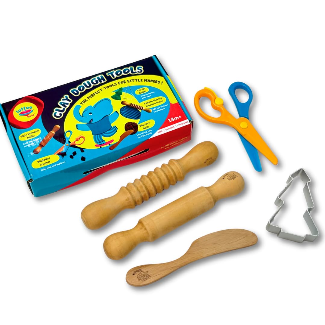 Play Dough Tools |Wooden Tools for Clay |Montessori Toys |Pretend Play| Durable & Safe | Set of 5 Child-Sized Tools for Boys Girls 2 3 4 5 6 7
