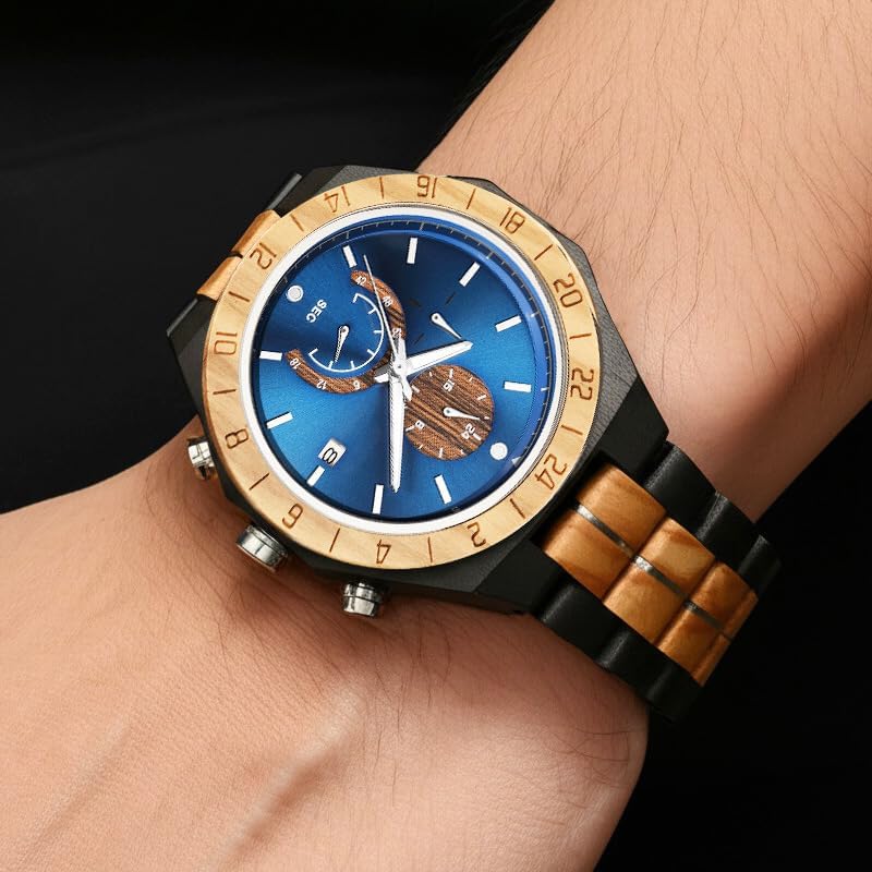 Miniatura 4 de WASTIME Reloj de madera para hombres y mujeres, elegante cronógrafo, militar, casual, calendario, relojes de madera