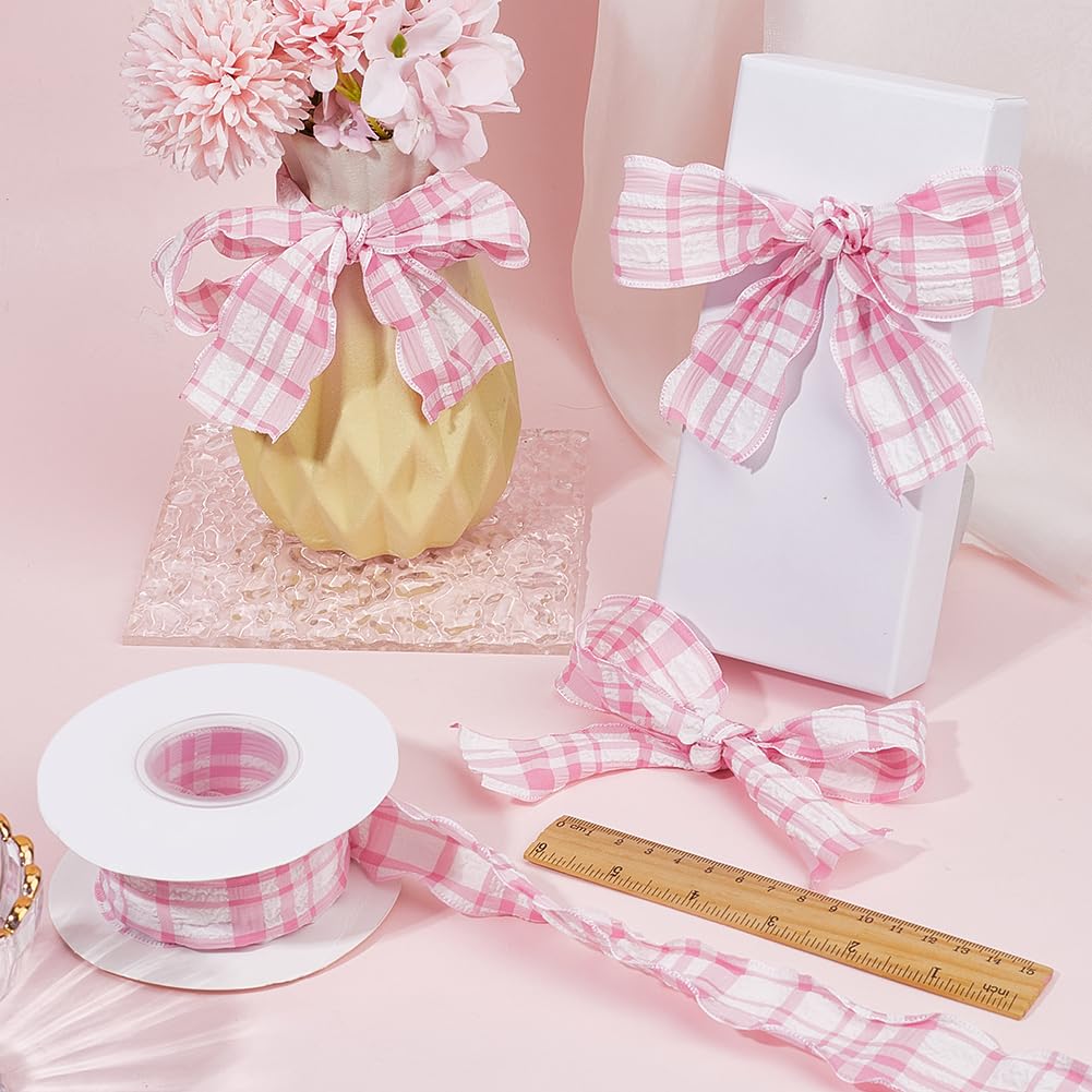 CABODYALS 9.14M 40mm Pink Gingham Ribbon Checkered Double Chiffon Ruffled Plaid Trim Wrinkled Edge Polyester Ribbons with Spool for Gift Wrapping Bow Wedding Invitations Bouquets Diy Christmas Decor - Image 4