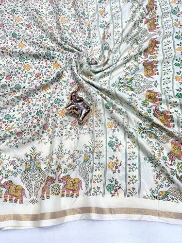Image of Kalamkari Floral Prints Dola Silk Saree With Rich Zari Border Designer Pallu Attach Blouse Piece