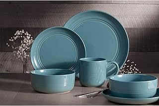 16pcs Blue Stoneware Ridge Textured Formal Round 16 Piece Microwave Safe - Buy now