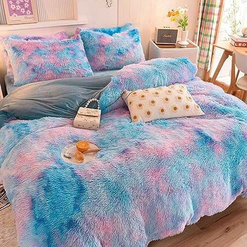 ZIQINPSQ Plush Shaggy Duvet Cover Set,Tie Dye Faux Fur Bedding Set for Teens Girls Soft Velvet Fluffy Fuzzy Comforter Cover Bed Set (Blue - Image 3
