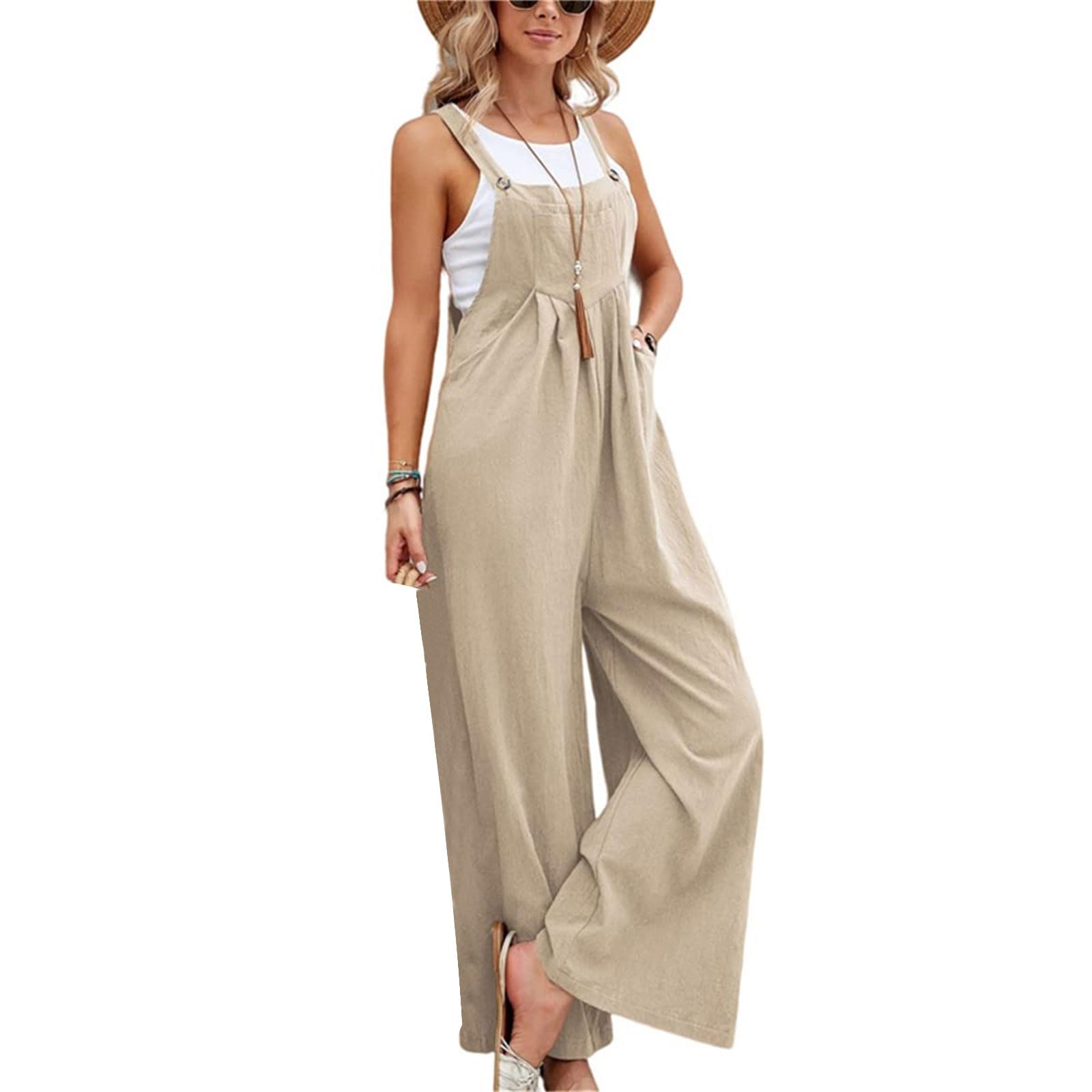 Kubbon Womens Wide Leg Jumpsuits Sleeveless Straps Bib Overalls Summer Baggy Casual Pants Rompers Overalls with Pockets