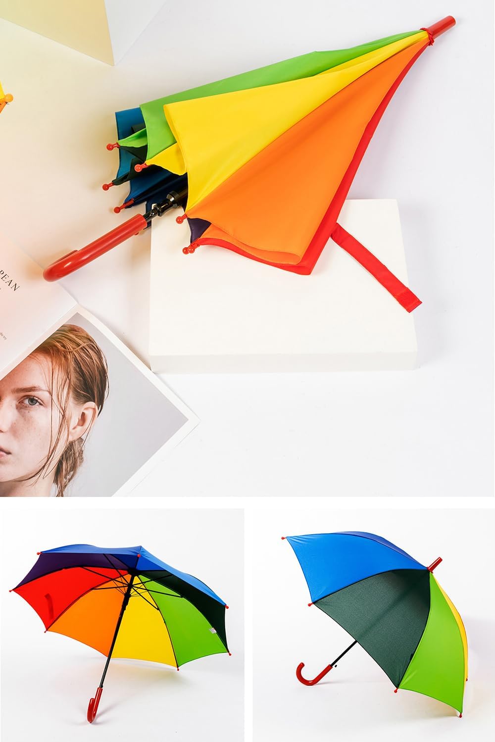 Meichoon Children's Rainbow Umbrella Strong Fibreglass Frame 8 Bones Lightweight Wind and Rain Protection Easy Open and Close J Hook Handle Outdoor Portable