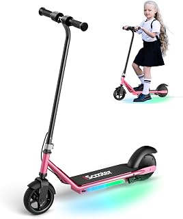 iScooter IK3 Patinete Electrico Niño, 6" Patinete Electrico para Niños De 6 A 12 Años, Freno Electrónico por Gatillo, Freno Trasero De Pie, Luces LED Coloridas, Pantalla LED, 5/10/16 KM/H, Rosa/Negro