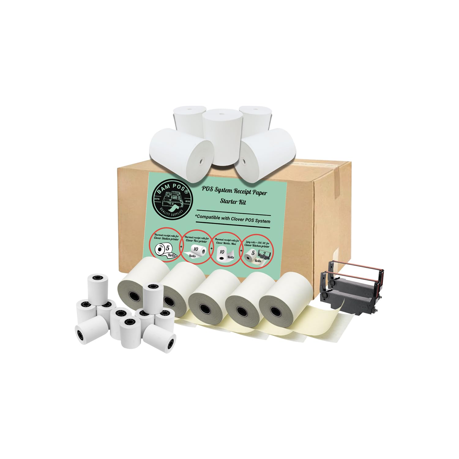 Receipt Paper Starter Kit - Compatible With All Clover POS (Clover Station Printer, Clover Flex Handheld Terminal, Clover Mobile & Mini terminals, Epson ERC 30/34/38 Ribbons & Kitchen Printers