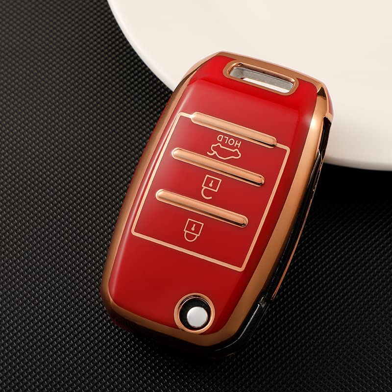 Image of KMH TPU Gold Car Smart Key Cover Compatible for Kia Seltos and Sonet 3 Push Button Smart Flip Key Shell Case Holder, Full Key Protection (Red Gold) Pack of 1
