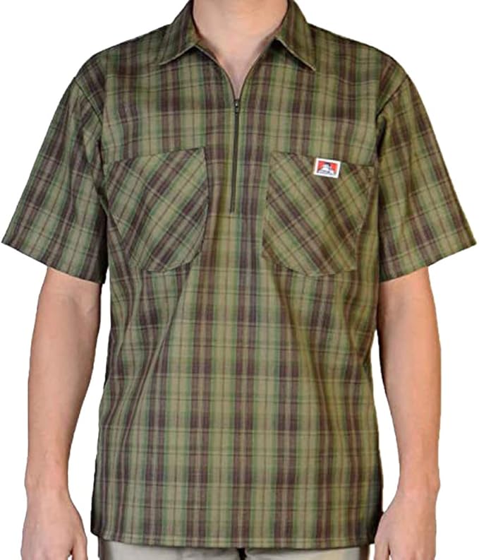 Ben Davis Men's Short Sleeve Plaid Half-Zip Work Shirt