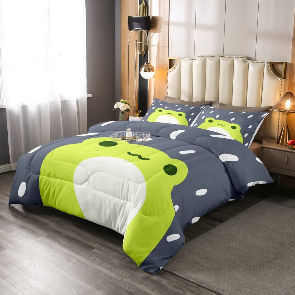 Loussiesd Cartoon Frog 3D Animals Duvet Set Rain Cute Animal Frog Green Gray Bedding Set For Kids Adults Down Comforter Ultra Soft Single Size - Image 2