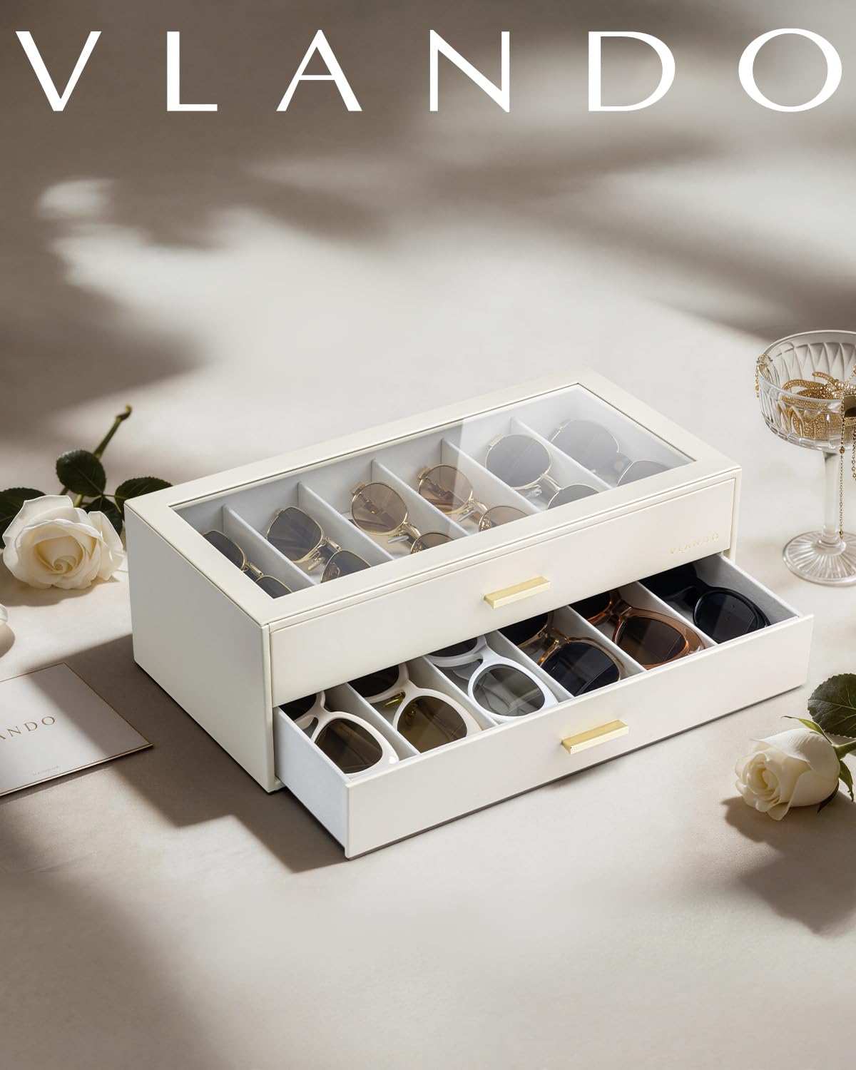 VLANDO Sonnenbrillen Aufbewahrung 2 Etagen, Brillen Aufbewahrungsbox mit Transparentem Glasdeckel für 12 Brillen, Sonnenbrillen Organizer zur Aufbewahrung Mehrerer Brillen, Beige