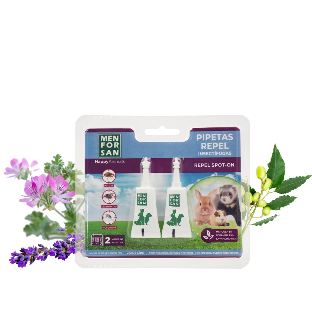 MENFORSAN Pipetas Anti-Insectos para roedores, Conejos y Hurones, con Margosa, geraniol y lavandino - Blister con 2 Unidades