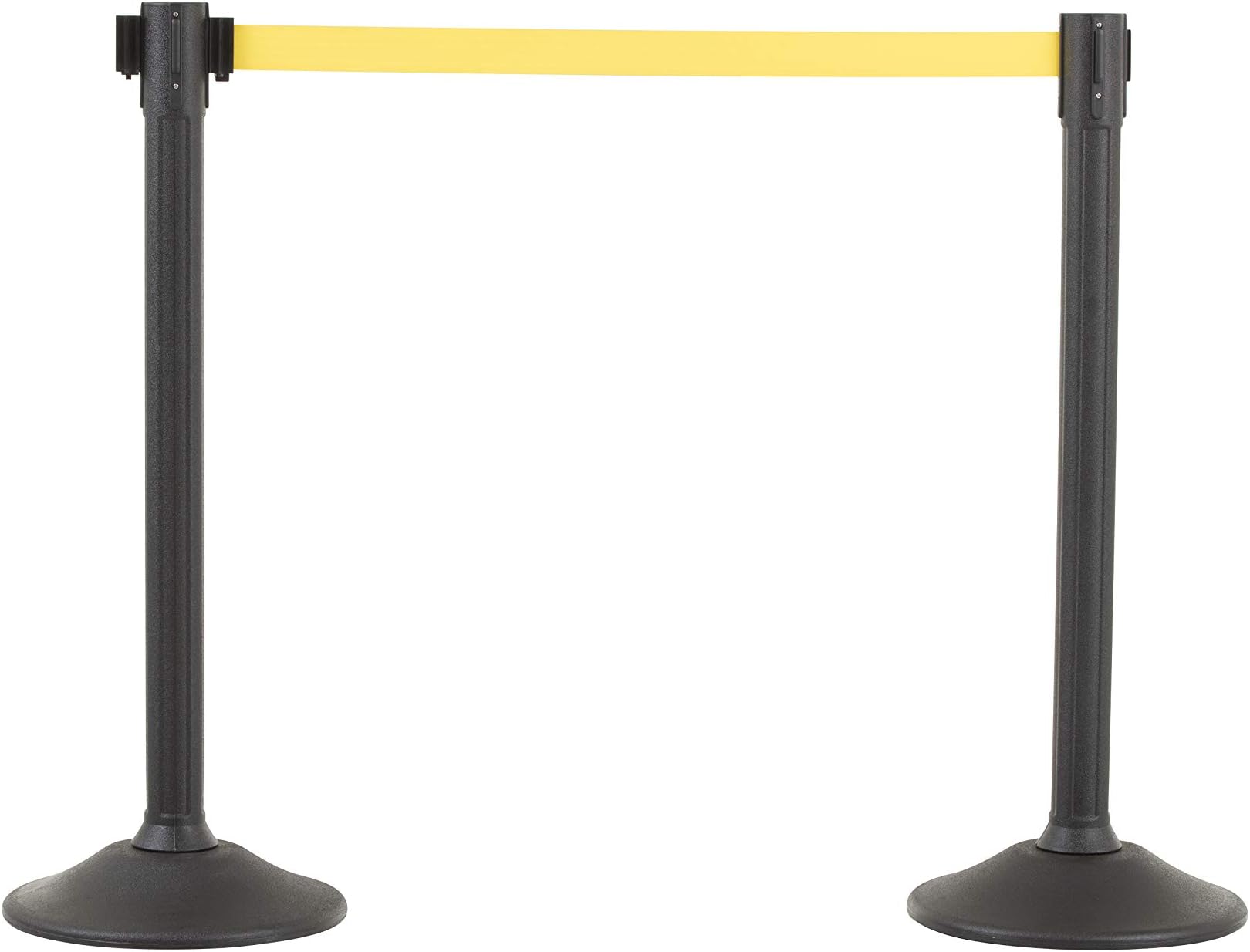 US Weight Black Plastic Stanchion for Crowd Control with 6.5' Retractable Yellow Barrier Belt with Tool-Free Assembly and Universal Belt Ends that Fit Most Brands - Pack of 2 - Made in the USA