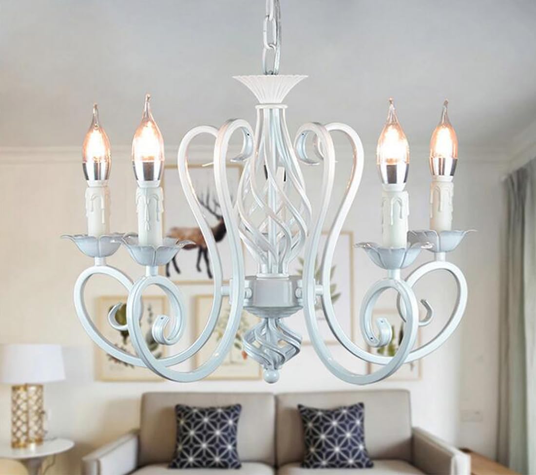 Klassisch Pendelleuchte Kronleuchter Kerze LED Vintage Wohnzimmer Lampe Antik Weiß Metall Eisen Esszimmer Hängelampe Rustikal Industrielle E14 Retro Büro Küche Deckenbeleuchtung Höhenverstellbar D52cm