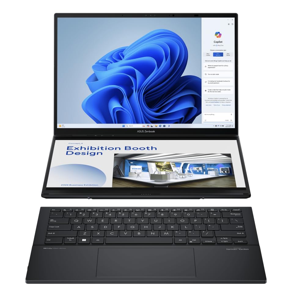 Image of ASUS Zenbook Duo AI Powered 2-in-1 Laptop 14.0 inch Touchscreen OLED WUXGA Display (Intel Ultra 9-285H, 32GB LPDDR5X, 2TB SSD, Backlit KB, 2 Thunderbolt 4, WiFi 7, Win 11 Home) w /DKZ USB Port Expander