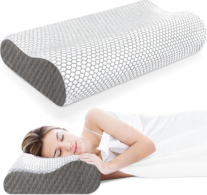 Image of KITCHIVO Memory Foam Pillow, Contour Cervical Orthopedic Memory Foam Pillows Supports Neck Pain and Shoulder Pain for Sleepin Cervical Pillow Neck Support Pillow for Side Back (White & Grey 01)