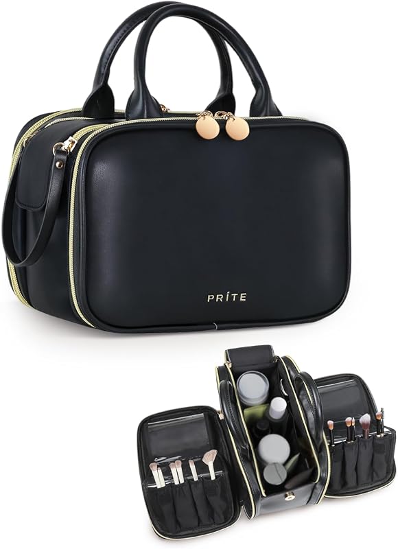 Necessaire de maquiagem Prite preta com porta-pincéis, zíper e divisórias