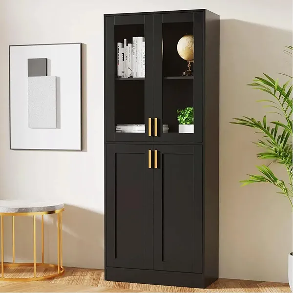 Pantry Cabinet, 71" Tall Kitchen Storage Cabinet with Doors and Shelves, Freestanding Wood Cupboard Acrylic Glass Door Display Bookcase for Dining Room Living Room Bathroom Office Furniture, Black