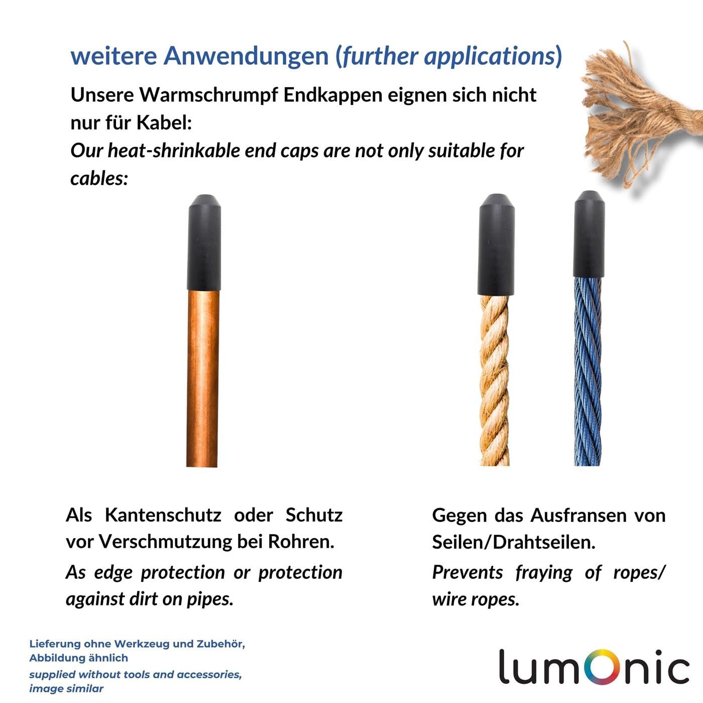 Lumonic 20x I Tapa termorretráctil con adhesivo I 103 -> 50mm I negro I Ratio 2:1 I poliolefina reticulada I Tapa retráctil I para cables, tubos y cuerdas