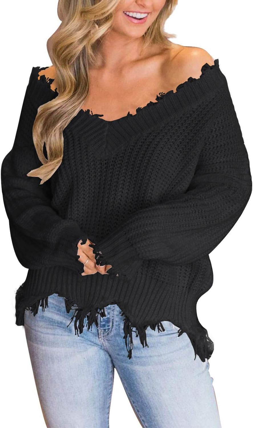 LAMISSCHE Womens Loose Knitted Off The Shoulder Sweater Solid V Neck Long Sleeve Pullover Ripped Crop Top