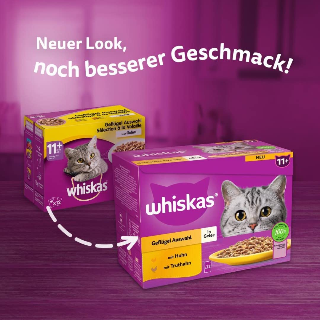 Whiskas Senior 11+ cibo umido per gatti, pollame in gelatina, 48 sacchetti per porzioni, 12 x 85 g (confezione da 4) – cibo umido per gatti di alta qualità per gatti dai 11 anni