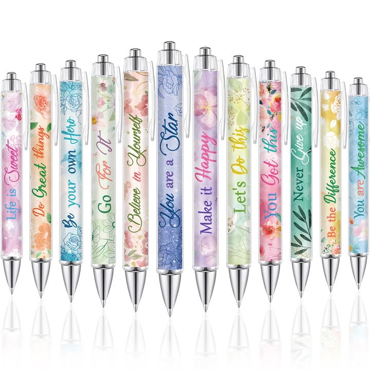 ChYoung Pretty Fancy Personalised Pens for Women Girls 12 Pcs Floral Art Ballpoint Pens Sparkly Funky Flower Pens 1.0 mm Black Ink Smooth Writing Pens Sets for Ladies Adults