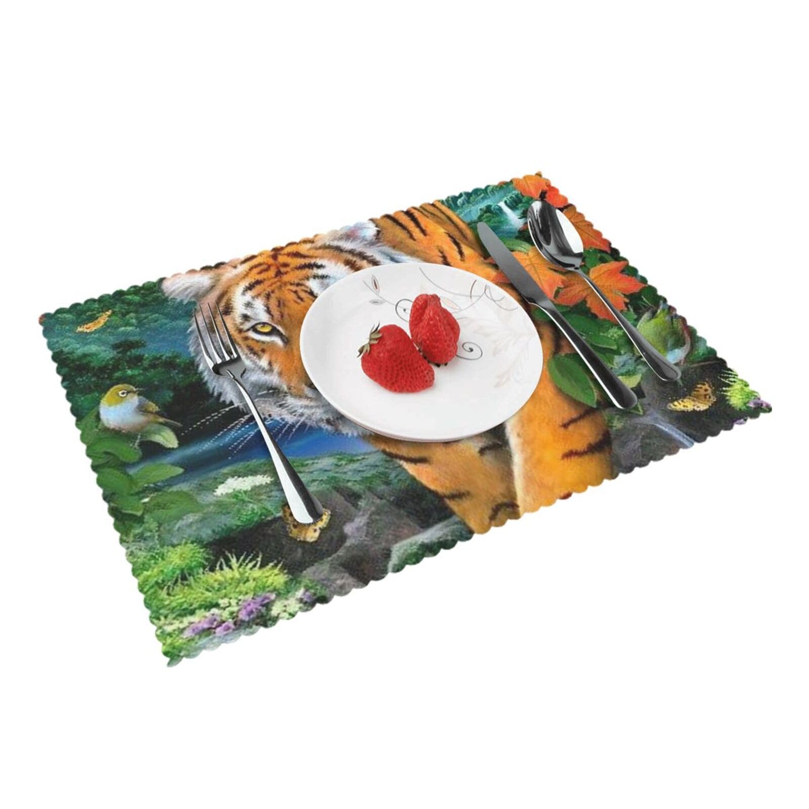 4 PCS Heat Resistant Placemat 45x30 CM, Tiger Butterfly Bird Printed Non-Slip Place Mats for Kitchen Dining Table Indoor Outdoor