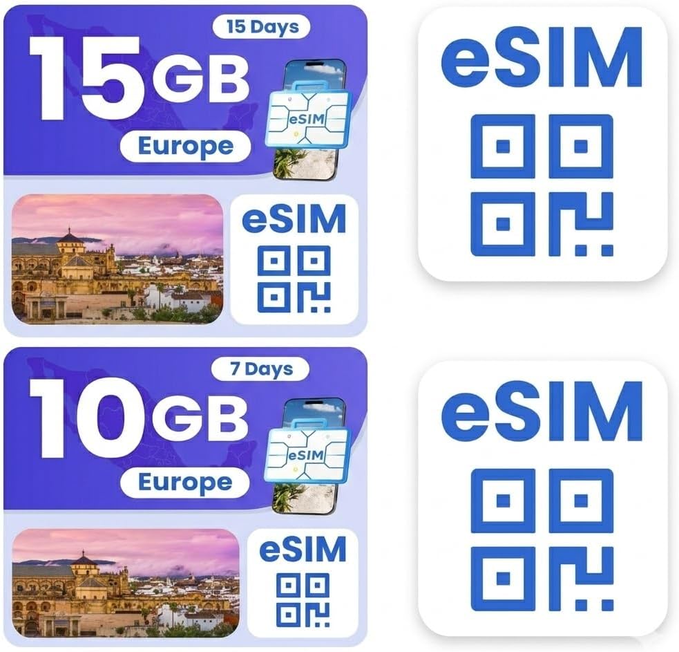 eSIM Bundle for International Travel, Europe 15GB/ 15 Days – Europe 10GB/ 7Days, 4G/5G Speed, Hotspot Supported, Instant Activation in 10 Minutes
