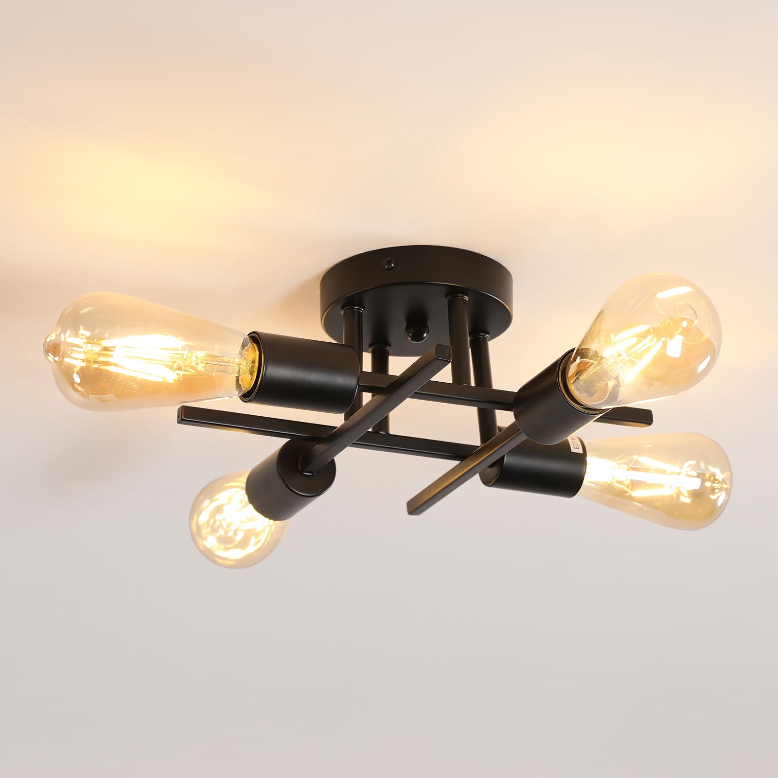 Goeco Lámpara de Techo Sputnik, E27 Negro Lámpara de Techo Industrial de Montaje Semiempotrado, Max 60W, 4 Luces, Luz de Techo Vintage para Dormitorio, Sala de Estar, Cocina, Comedor