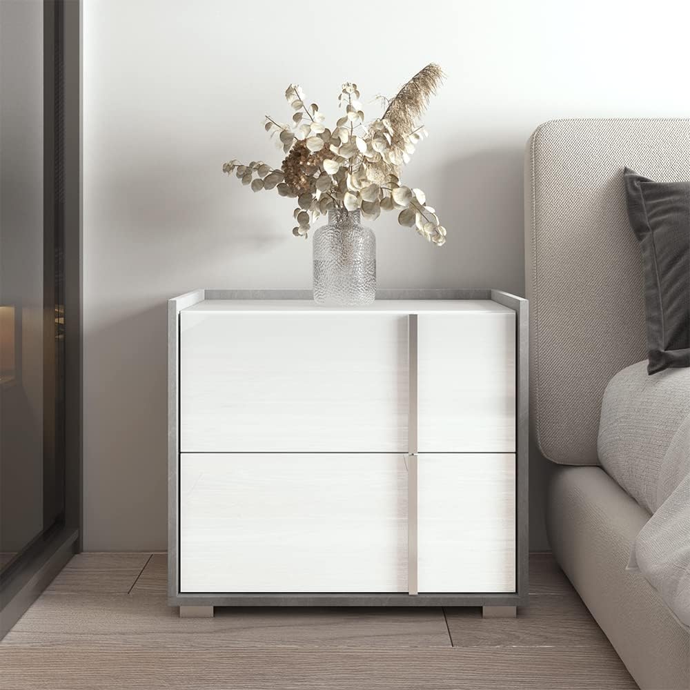 Meble Furniture Sky Nightstand 25" with Two Drawers - Concrete and White Modern Square Bedside Table