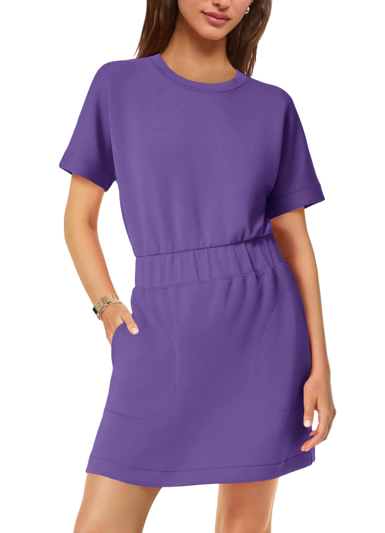 SENSERISE Womens Short Sleeve T Shirt Dresses Crew Neck Solid Color Basic Smocked Waist Dress with Pockets