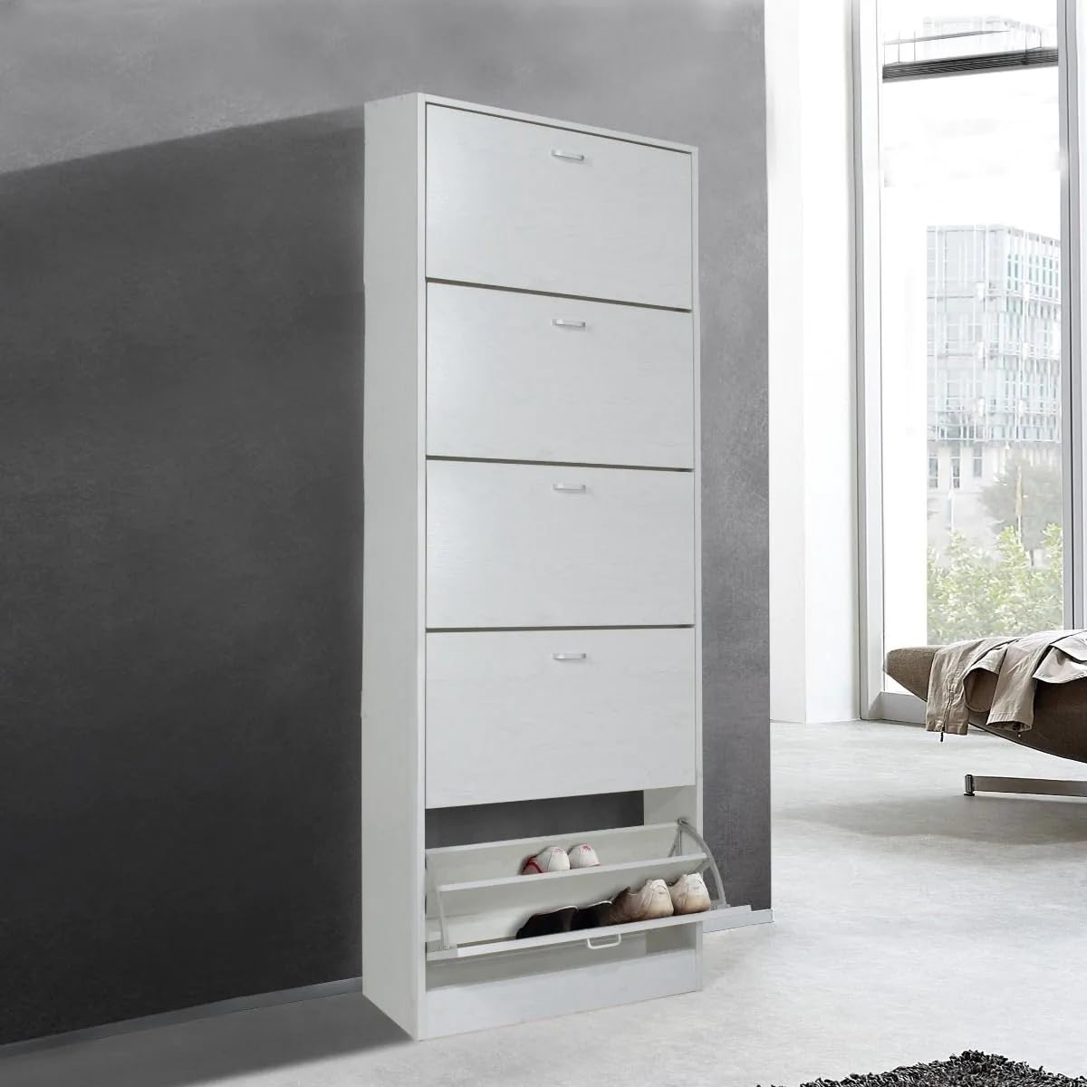 Bissolo Casa Scarpiera Salvaspazio Slim a 5 Ribalte in Rovere Sbiancato 63x24x180 cm, Armadio Scarpiera Alto e Stretto in Laminato, Mobile Ingresso per Casa e Cucina
