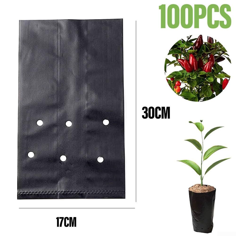 Lot de 100 sacs de pépinière robustes en polyéthylène pour plantes et tomates (17 x 30 cm) - Noir